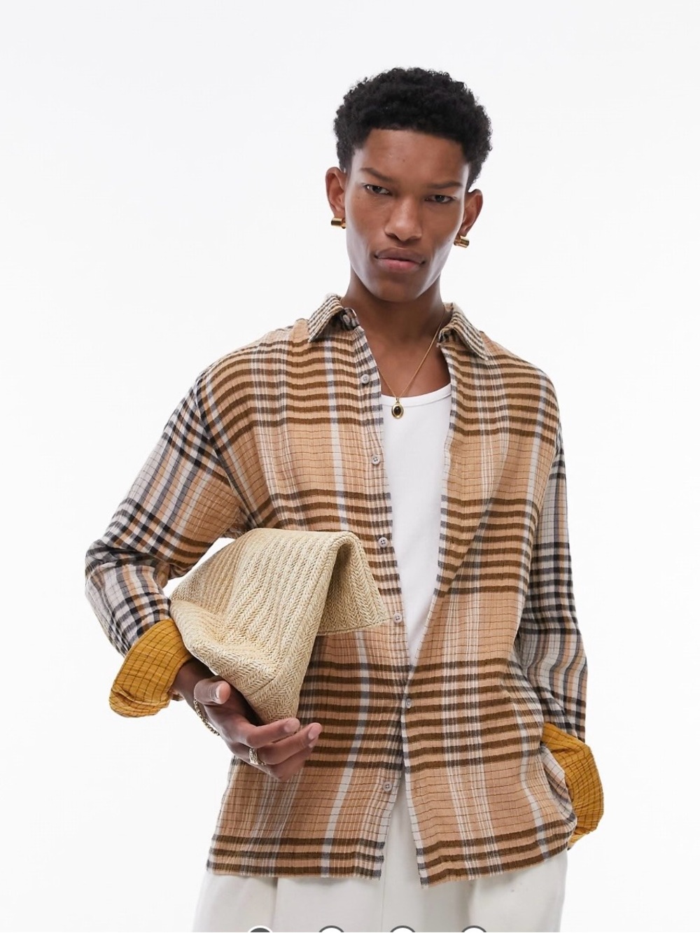 Topman Longsleeve textured relaxed-fit shirt orange black check Size Med Cotton